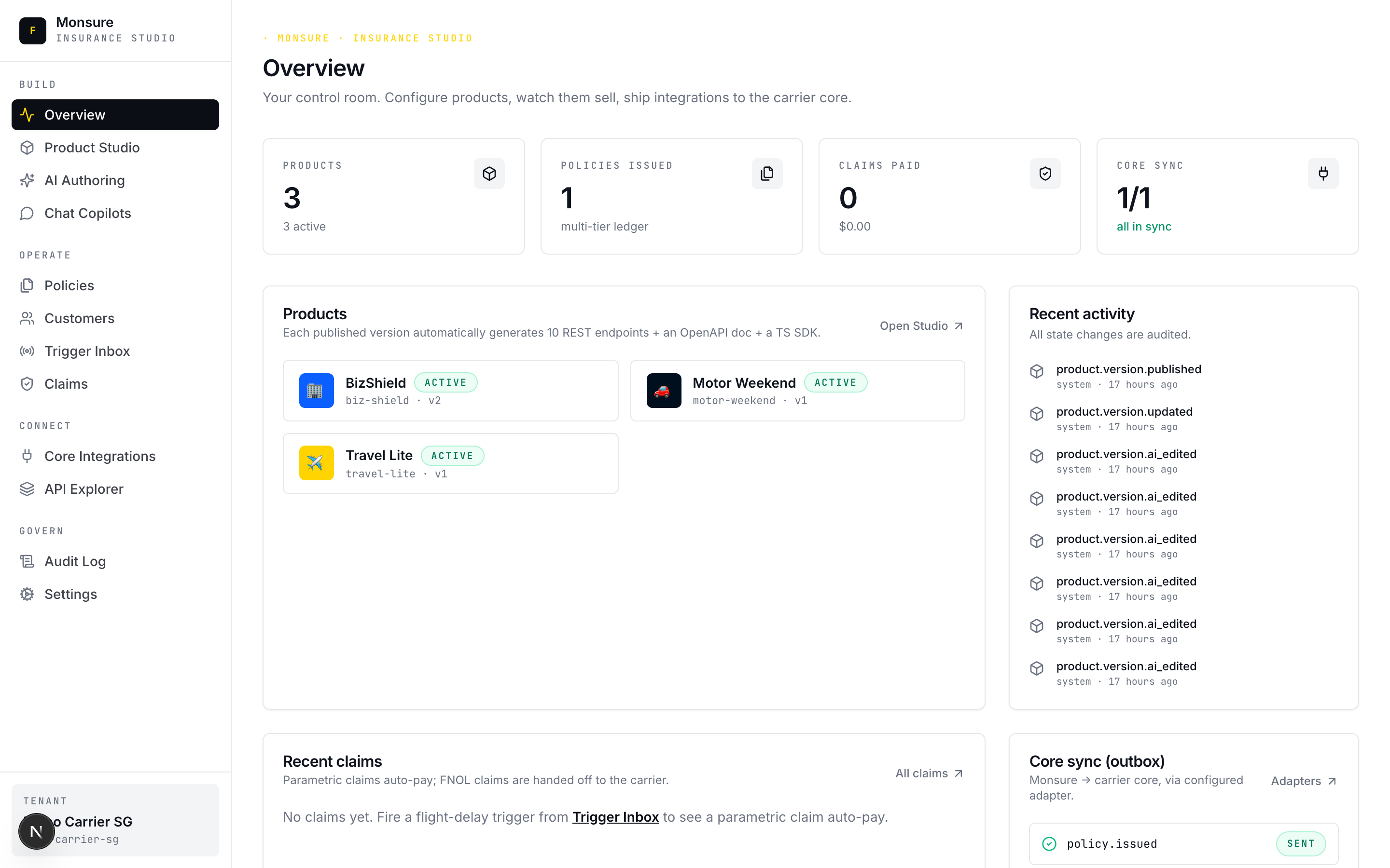 Monsure Studio dashboard